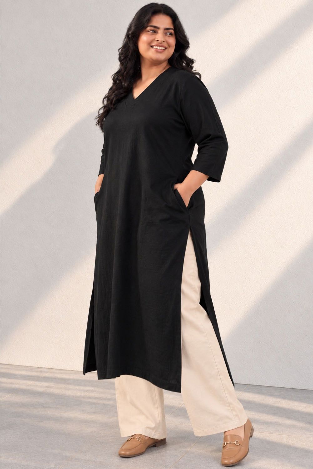 Plus Size Plus Size SoftEase V Neck Black Cotton Kurta