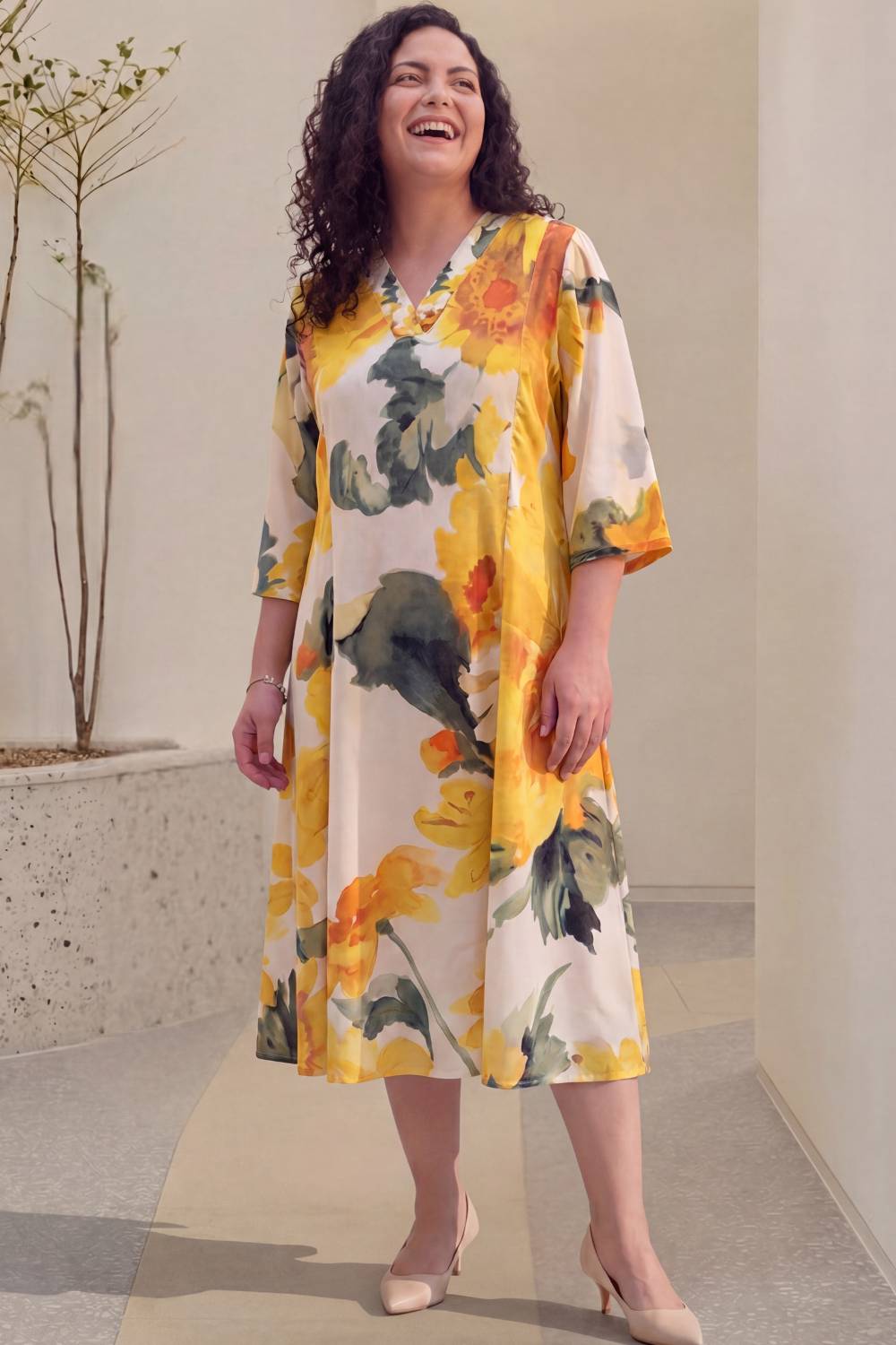Sunflower Grace Plus Size Yellow Midi Dress for Women