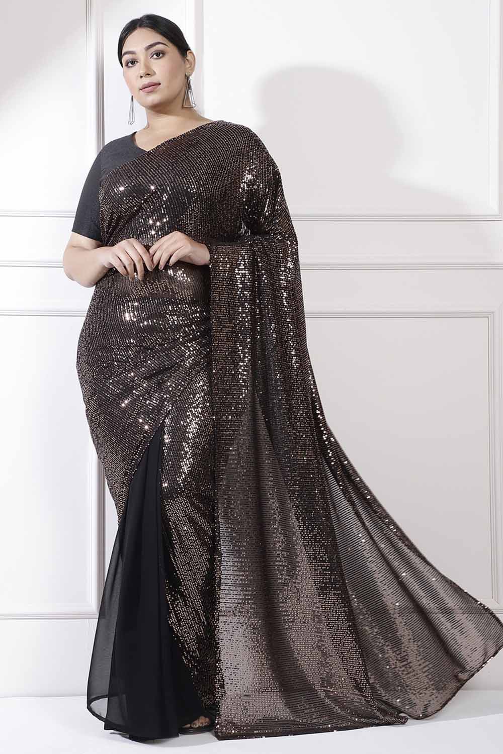 Plus Size Black Sequence Readymade Party Saree