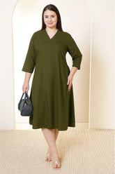 Plus Size Olive Green Cotton Linen Midi Dress