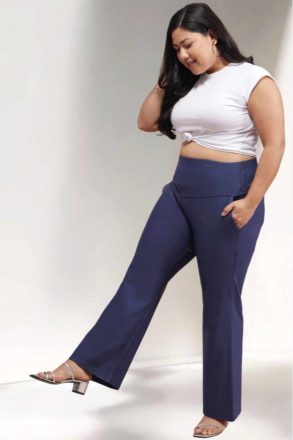 Plus Size Denim Blue Tummy Shaper Flare Pants for Women