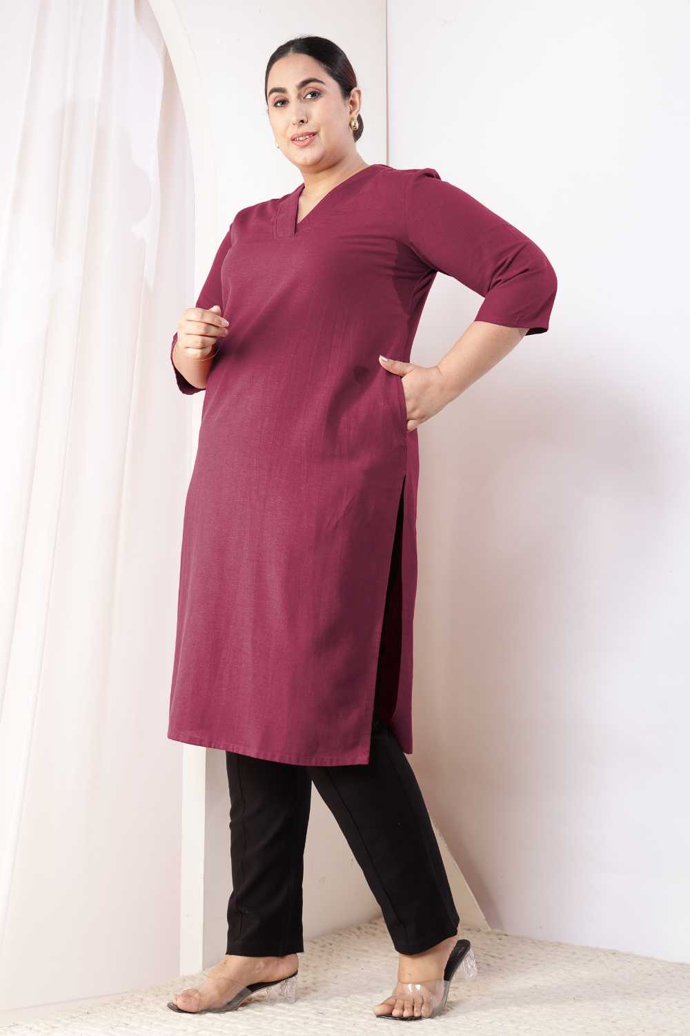 Plus Size Plus Size Wine V-Neck Cotton Linen V Neck Kurta