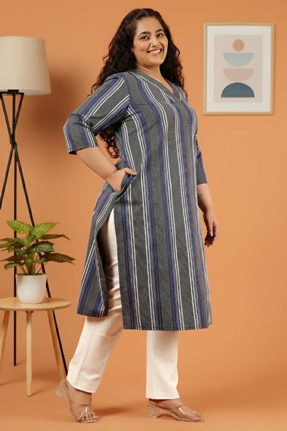 Plus Size Grey & Blue Striped Cotton V Neck Kurta