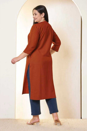 Plus Size Rust Brown V-Neck Cotton Linen V Neck Kurta