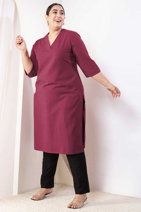Plus Size Wine V-Neck Cotton Linen V Neck Kurta