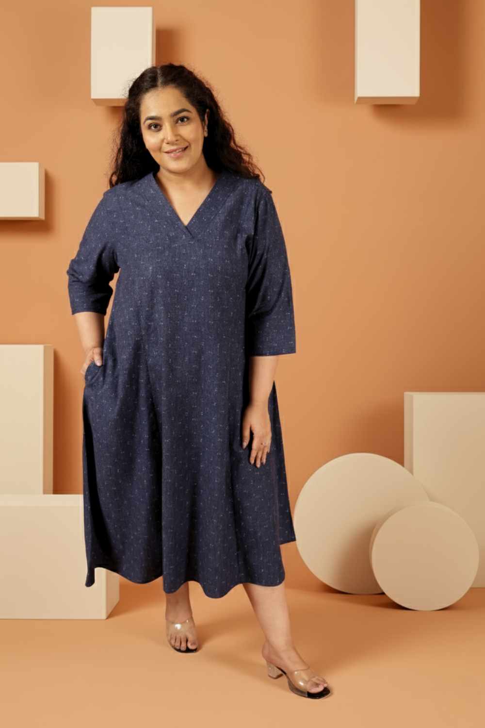 Plus Size Navy Blue Jacquard Print Denim Midi Dress