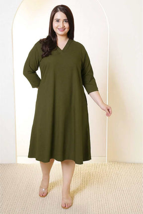 Plus Size Olive Green Cotton Linen Midi Dress