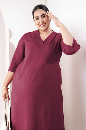 Plus Size Wine V-Neck Cotton Linen V Neck Kurta