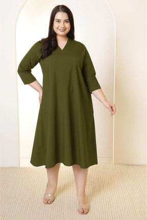 Plus Size Olive Green Cotton Linen Midi Dress