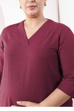 Plus Size Wine V-Neck Cotton Linen V Neck Kurta