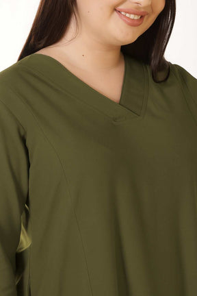 Plus Size Olive Green Cotton Linen Midi Dress