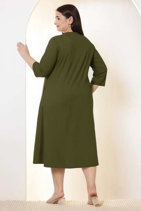 Plus Size Olive Green Cotton Linen Midi Dress