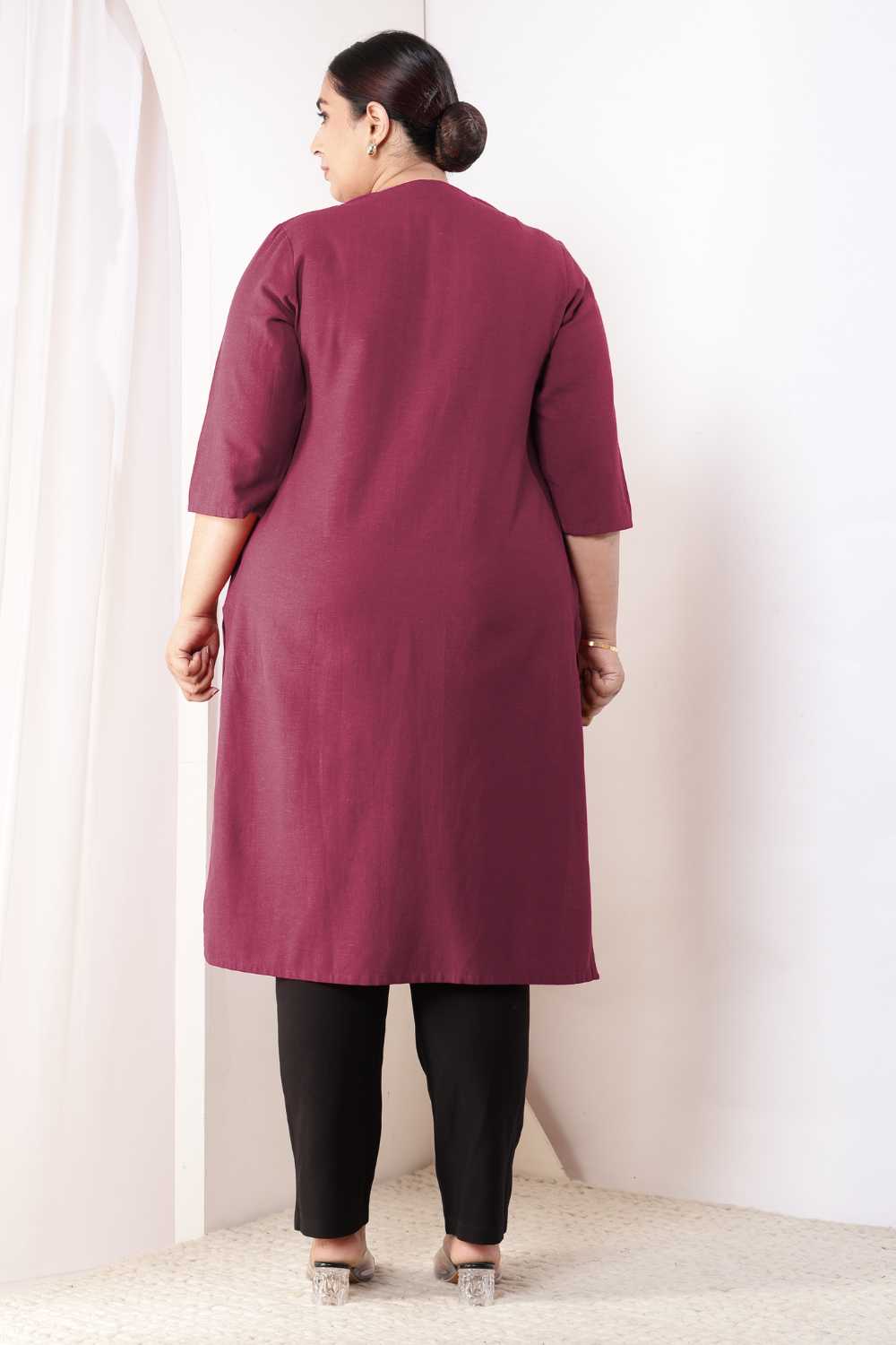 Plus Size Wine V-Neck Cotton Linen V Neck Kurta