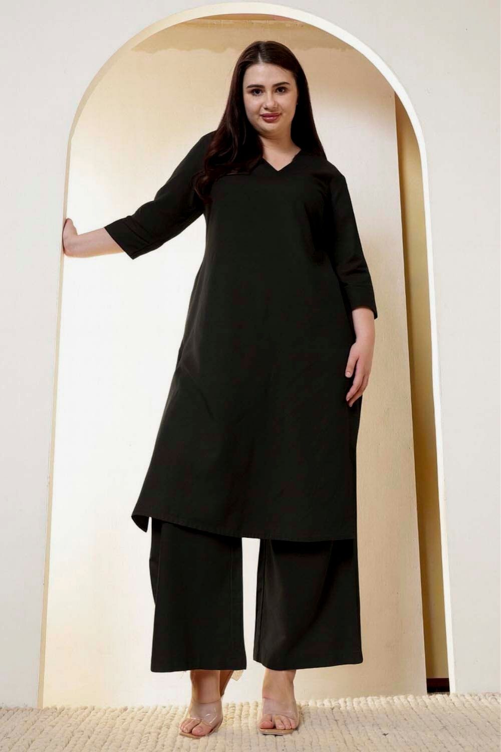 Plus Size Black Cotton Linen Kurta Coord Set