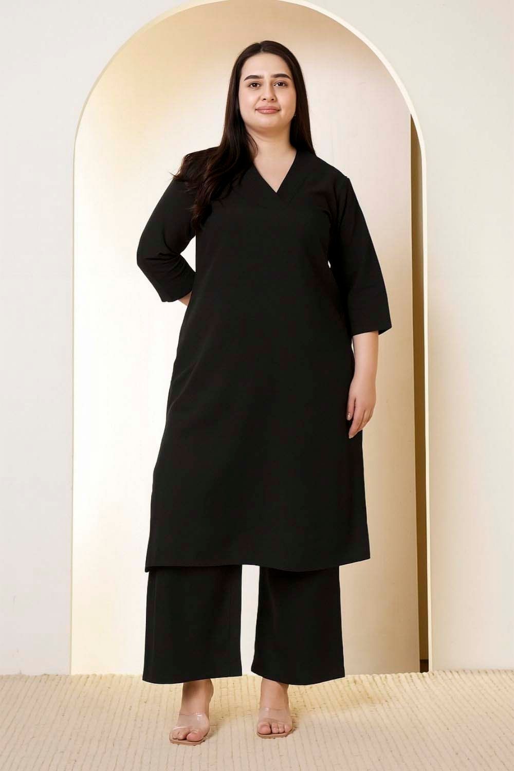Plus Size Black Cotton Linen Kurta Coord Set