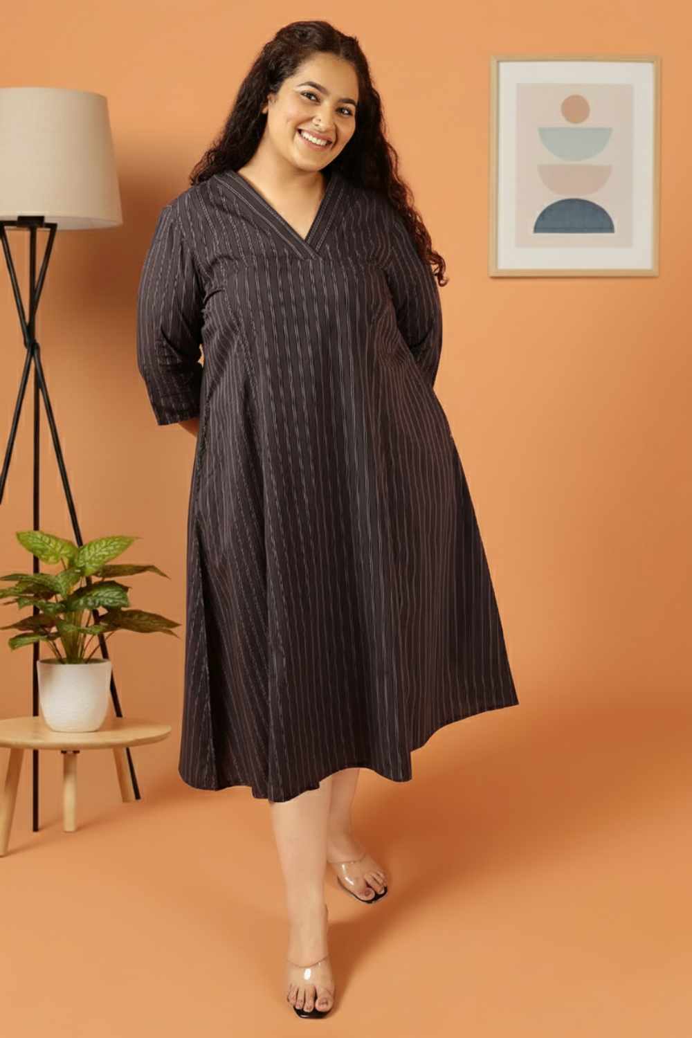 Plus Size Black Pinstripe Cotton Midi Dress