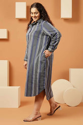 Plus Size Grey & Blue Striped Cotton Shirt Dress