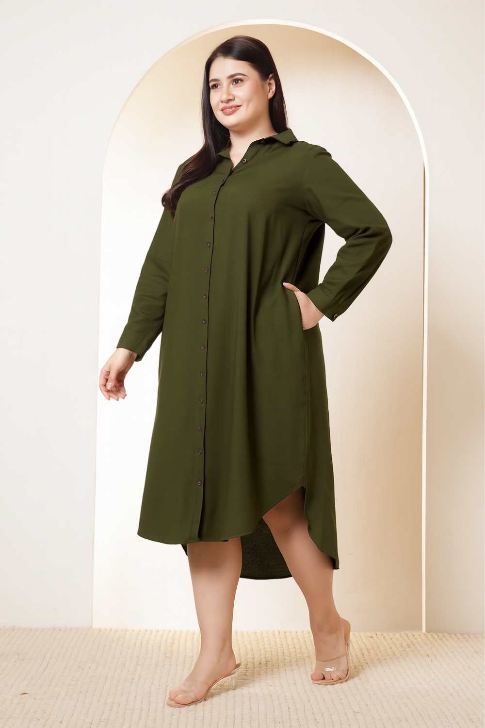 Plus Size Olive Green Cotton Linen Shirt Dress