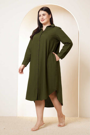 Plus Size Olive Green Cotton Linen Shirt Dress