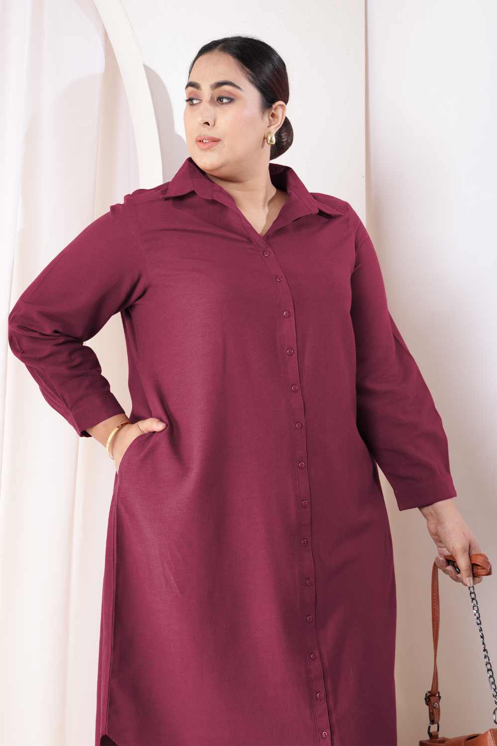 Plus Size Plus Size Wine Cotton Linen Shirt Dress