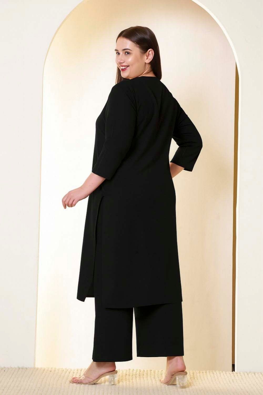 Plus Size Black Cotton Linen Kurta Coord Set for Women