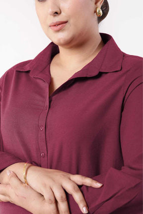 Plus Size Wine Cotton Linen Shirt Dress