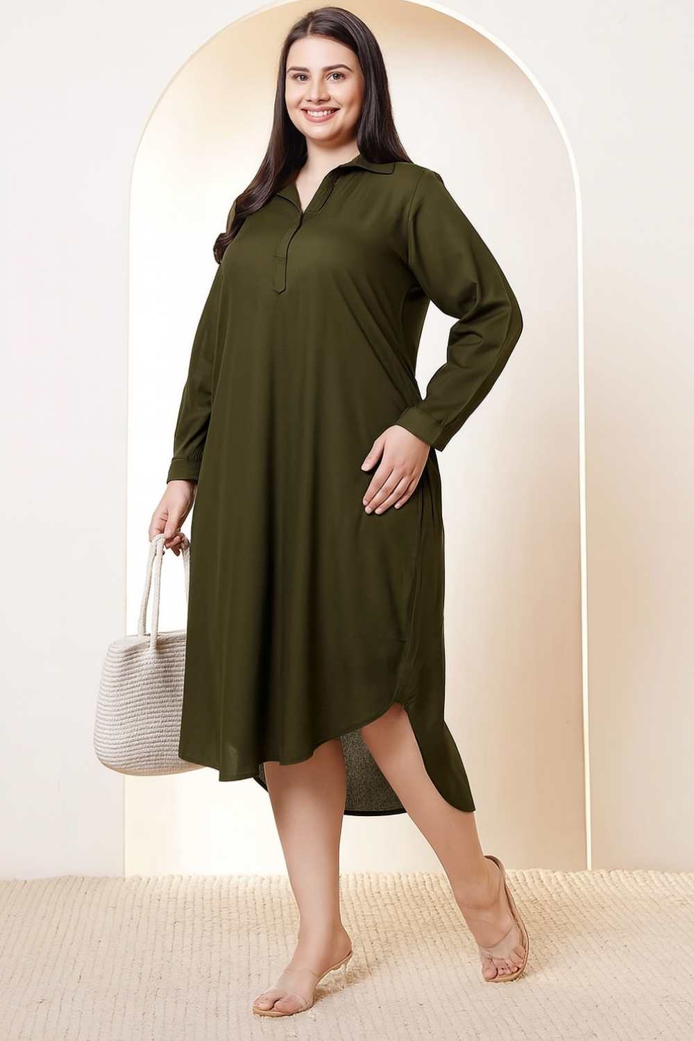 Plus Size Olive Green Cotton Linen Shirt Dress