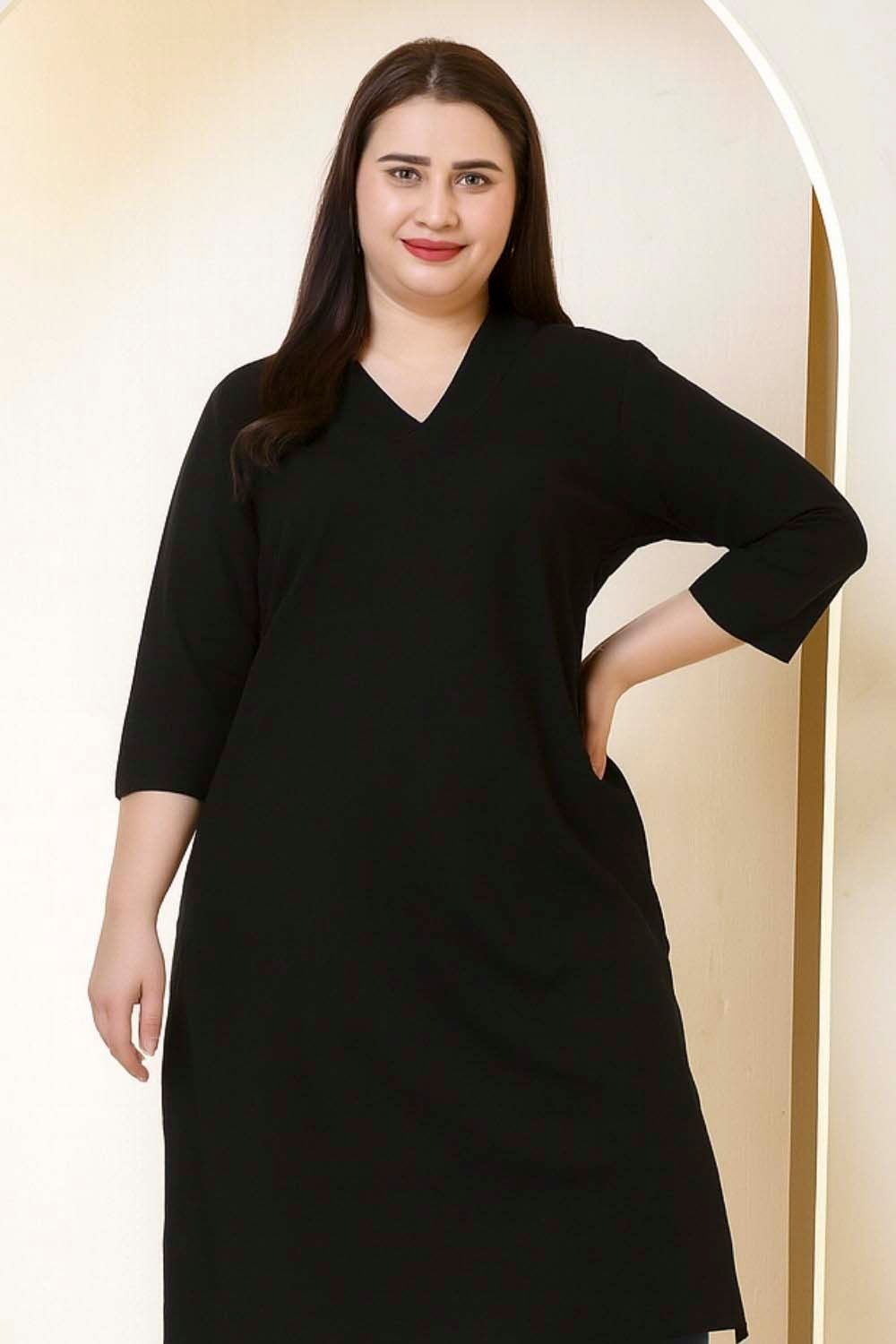 Plus Size Plus Size Black Cotton Linen Kurta Coord Set