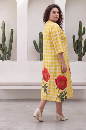 Yellow Gingham Floral Plus Size Midi Dress