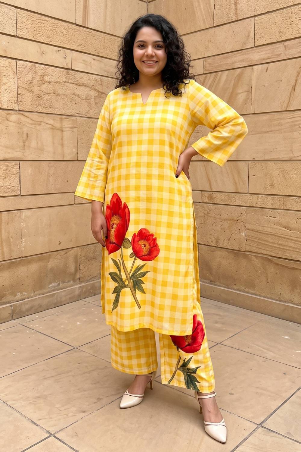 Plus Size Yellow Gingham Floral Print Cotton kurta Coord Set for Women