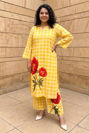 Plus Size Yellow Gingham Floral Print Cotton kurta Coord Set