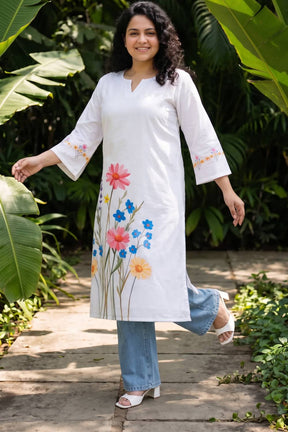 Plus Size White Floral Printed Cotton Kurta