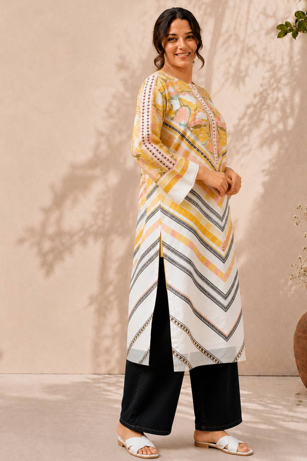 Plus Size Plus Size Begie Floral Geometric Print cotton Kurti