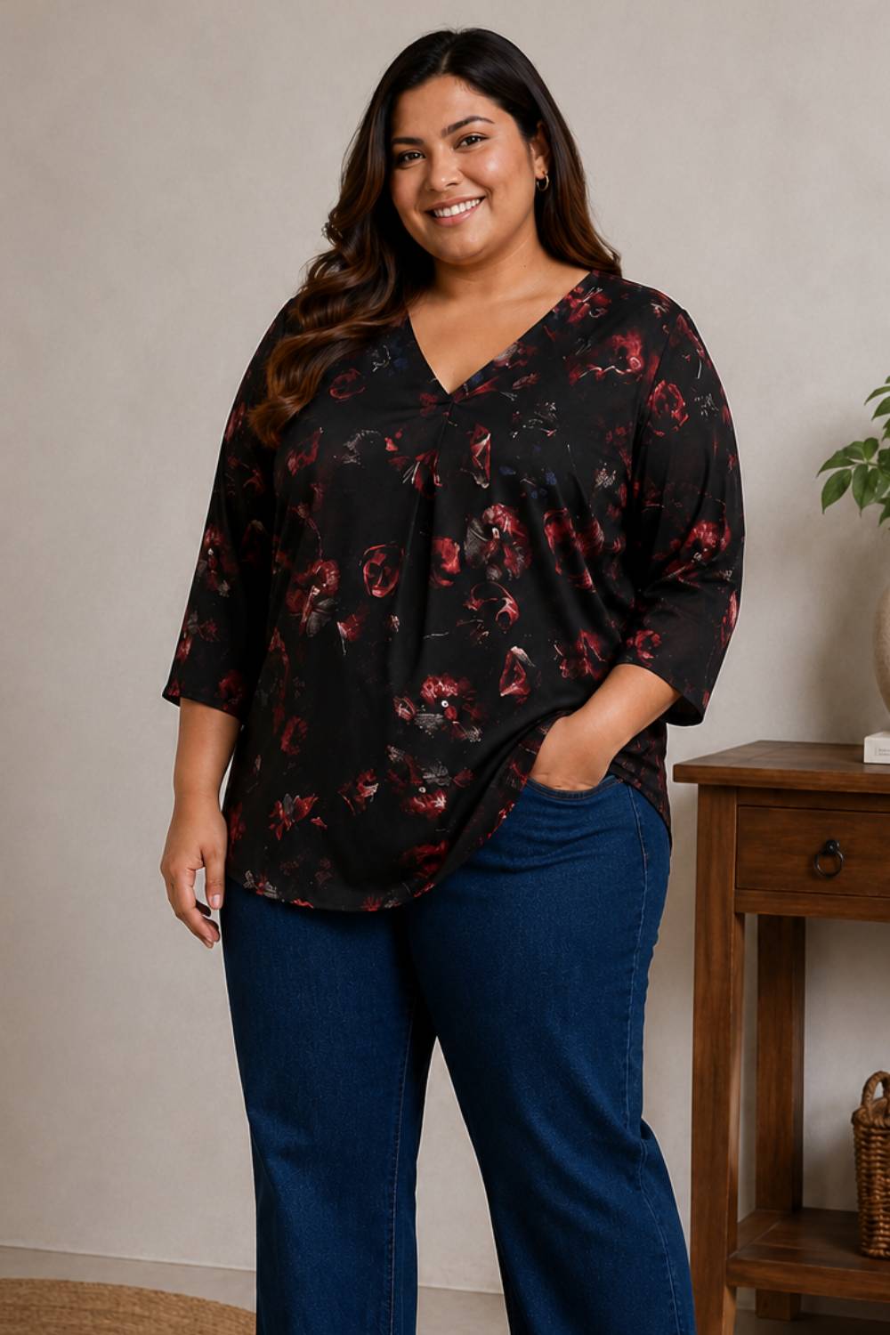 Plus Size Black Floral Print V-Neck Satin Top for Women