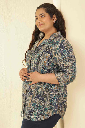 Plus Size Blue Ethnic Print Cuban Collar Rayon Muslin Shirt