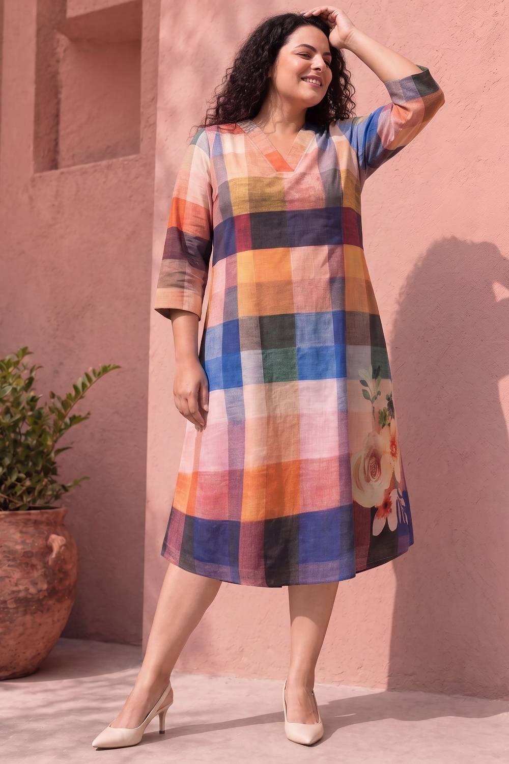 Plus Size Floral Check Printed A-Line Midi Dress