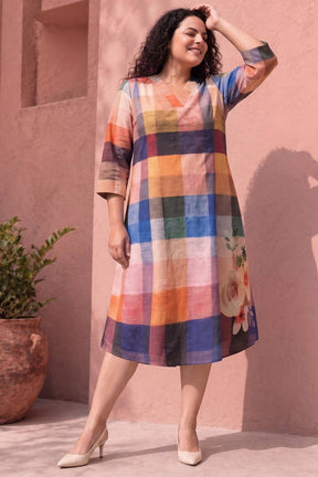 Plus Size Floral Check Printed A-Line Midi Dress