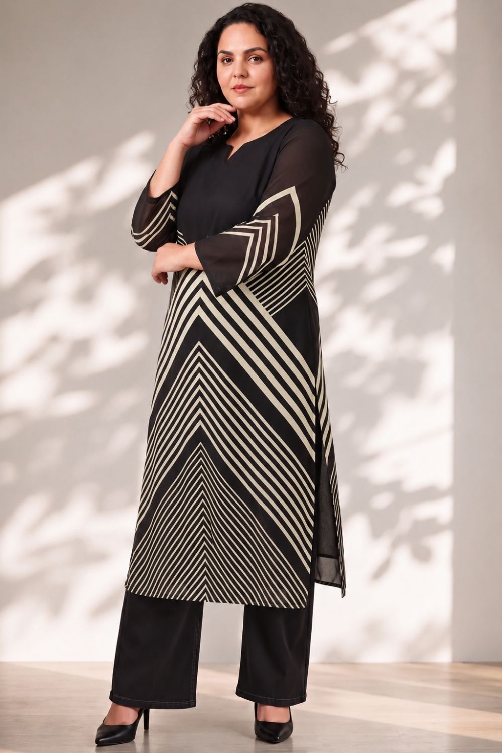 Plus Size Black Chevron Stripes Print Georgette Kurta for Women