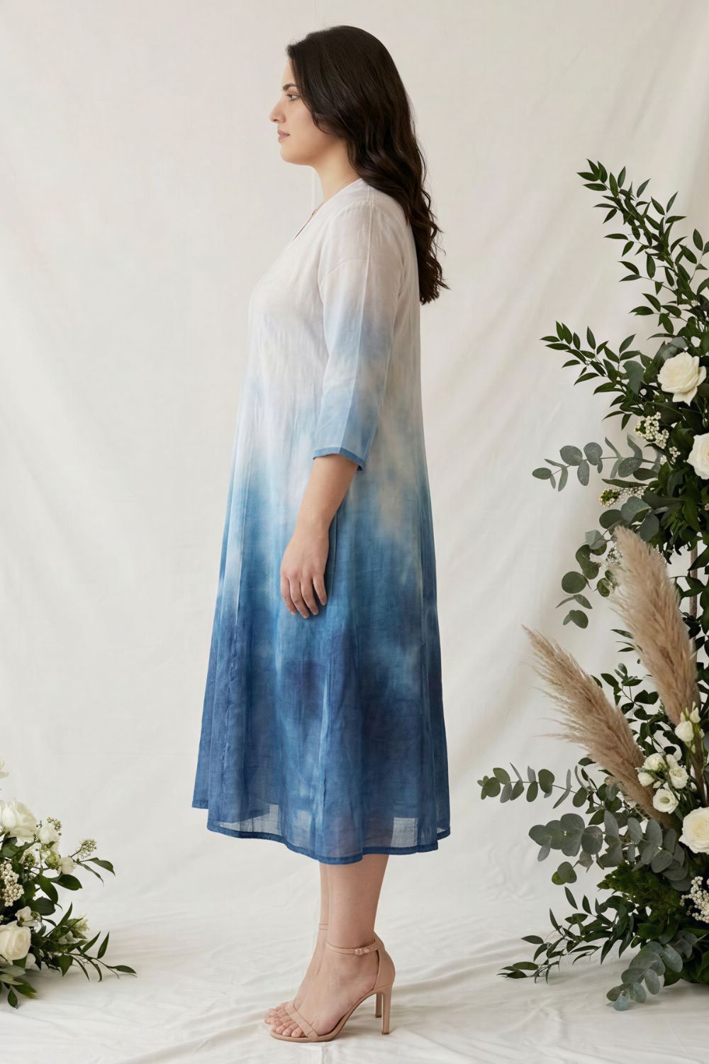Plus Size Blue Ombre Cotton Midi Dress for Women