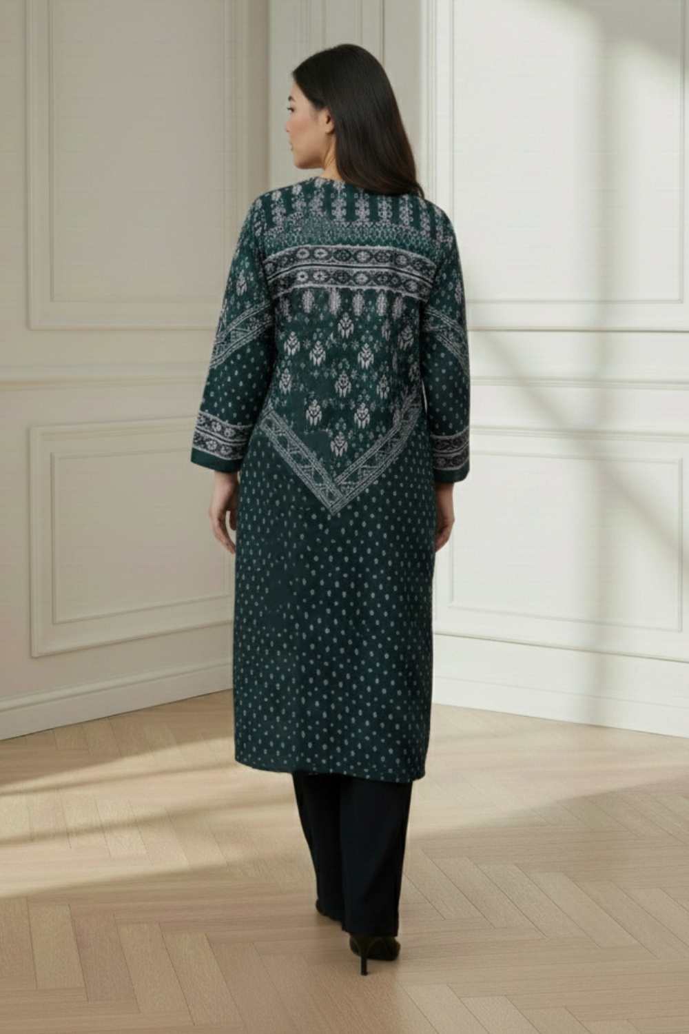 Comfortable Plus Size Teal Printed V Neck SnugWeave™ Winter Kurta
