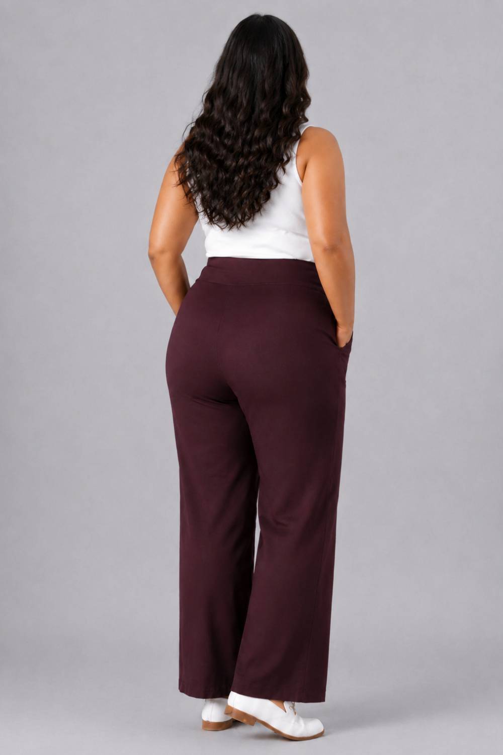 Plus Size Wine Tummy Shaping Wide Straight Pants