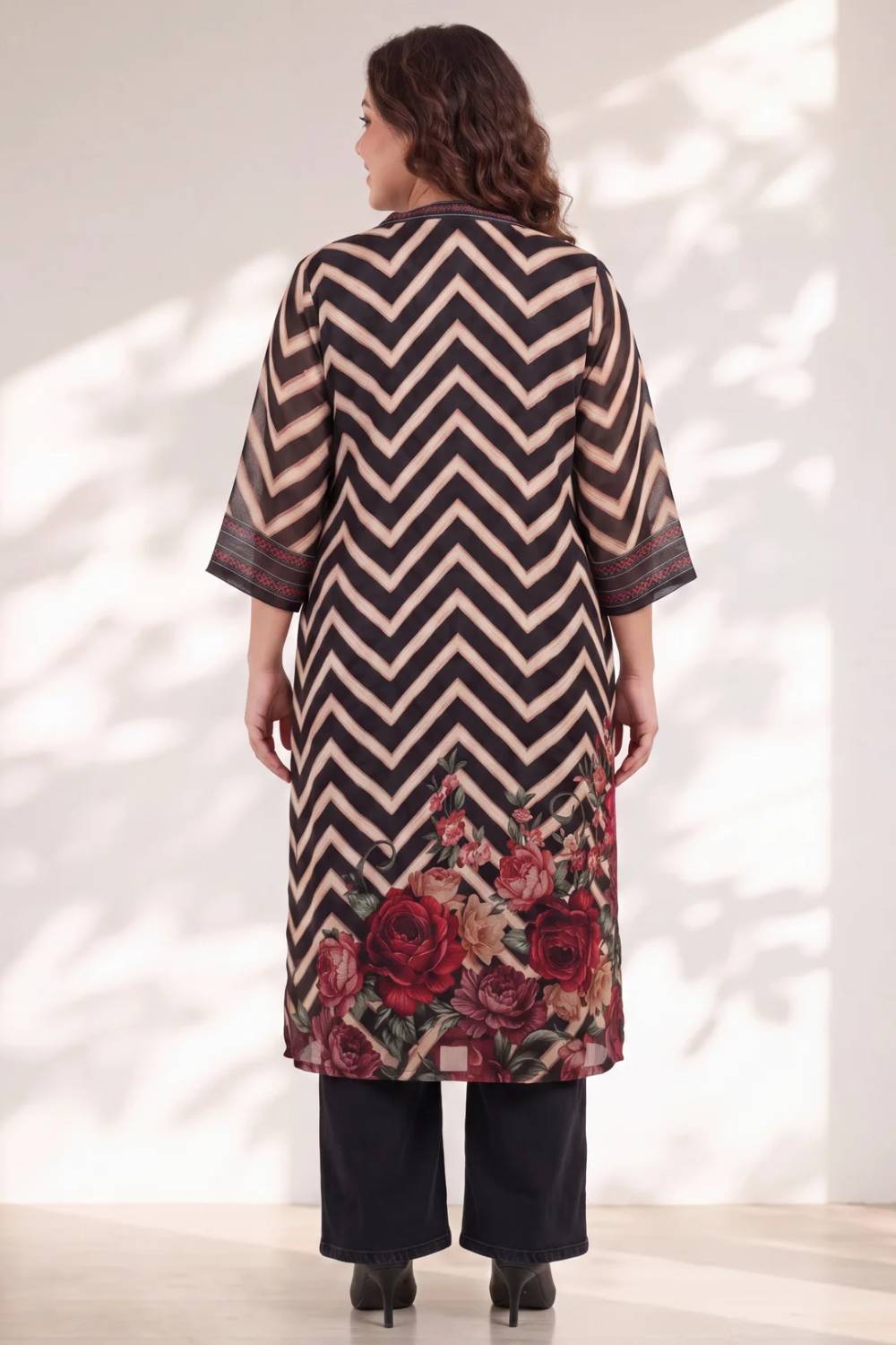 Plus Size Black Rose Chevron Print Kurta Satin Georgette Kurta for Women