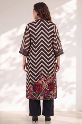Plus Size Black Rose Chevron Print Kurta Satin Georgette Kurta