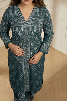 Plus Size Teal Printed SnugWeave™ Winter Kurta Coord Set
