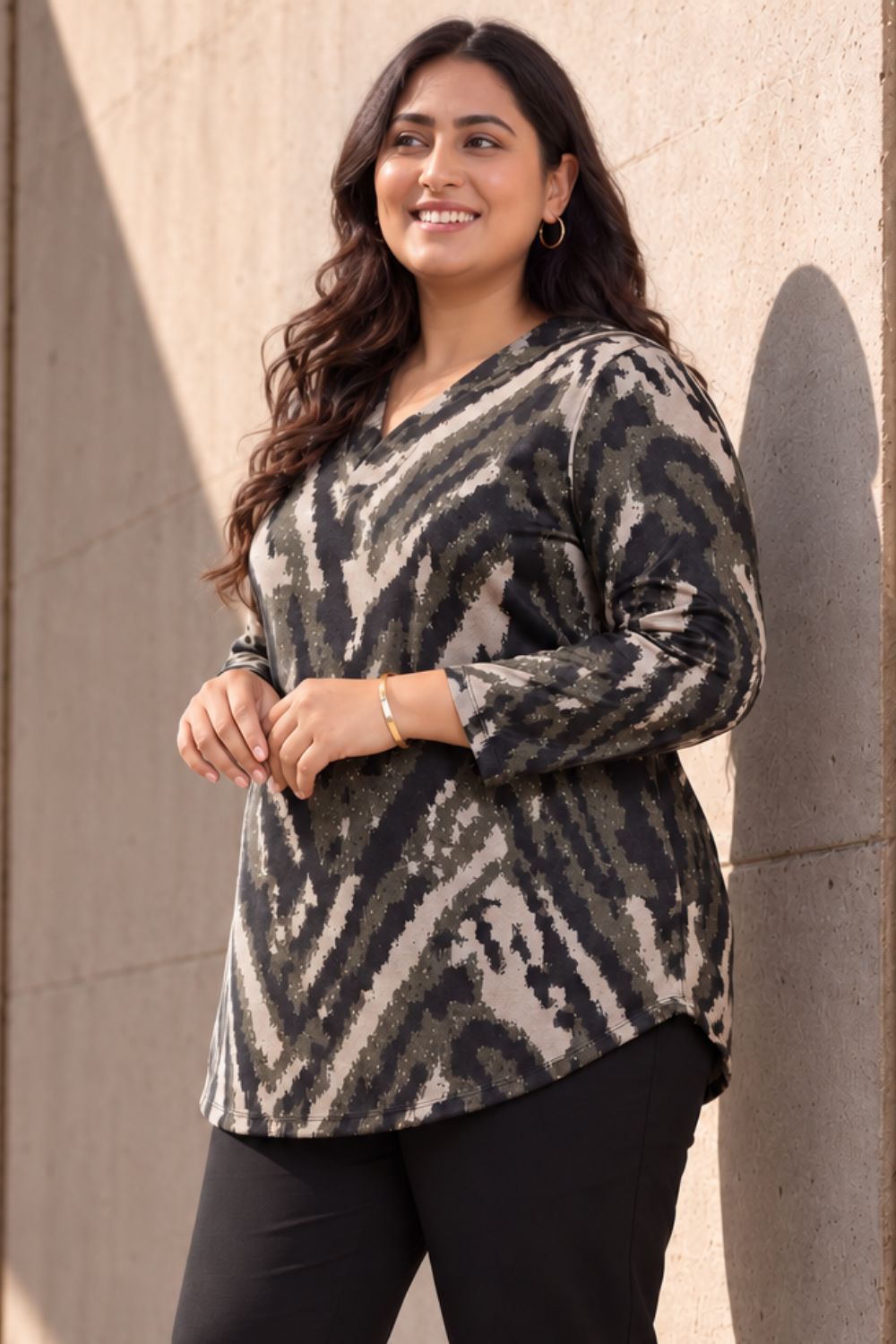 Plus Size Black & Beige Abstract V Neck  SnugWeave Winter Top