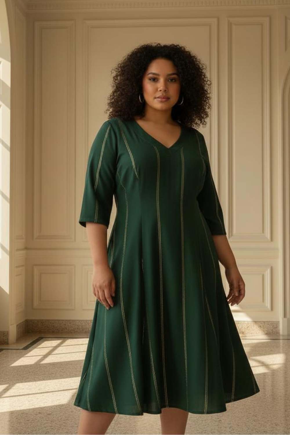 Plus Size Plus Size Emerald  Green Golden Pin Stripe Midi Dress
