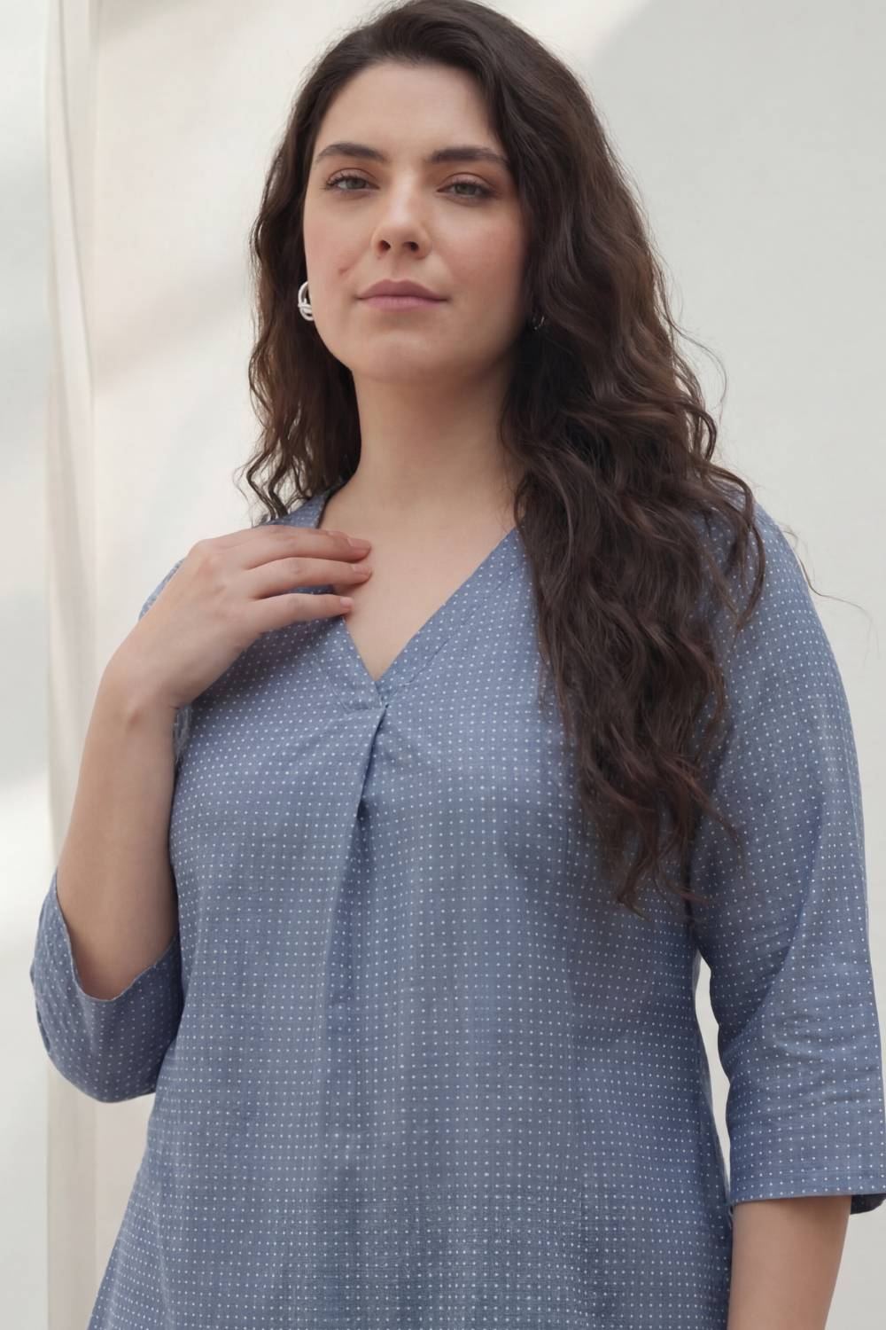 Plus Size Mid Blue Cross Weave Denim Cotton Top for Women