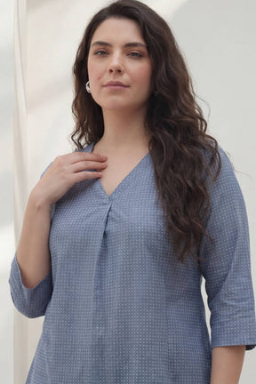 Plus Size Mid Blue Cross Weave Denim Cotton Top