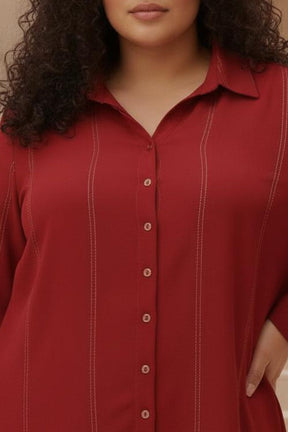 Plus Size Maroon Golden Pin Striped High Slit Longline Shirt