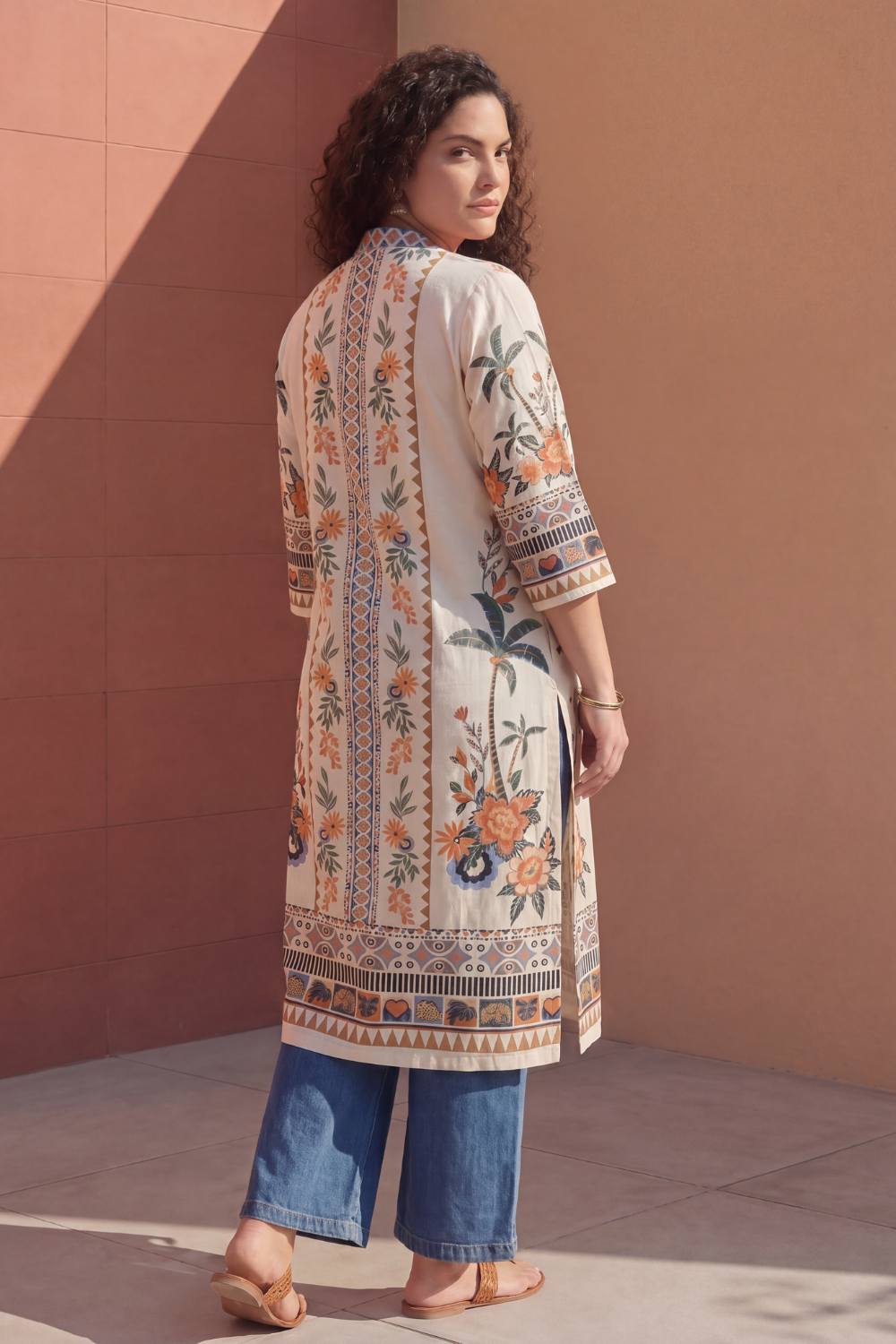 Plus Size Boho Floral Print Cotton V-Neck Kurta